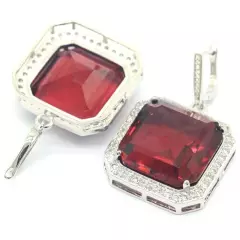 Luxury Square Raspberry Rhodolite Garnet CZ Ladies Party Silver Earrings 