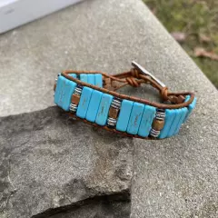 Men's Turquoise and Tiger Jasper Beaded Brown Leather Cuff Bracelet handmade USA