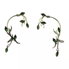 Ear Cuffs Gold Tone Green Stone Dangle Tree Plant Vine Design 