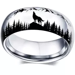 Wolf In The Forest Outdoor Pattern Men's Ring, Black Silvery Color Stainless Ste