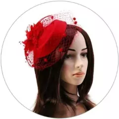 Fascinator Hat Flower Mesh Face Veil Feather Hair Clip for Women Tea 6 3/4 Red