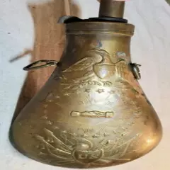 VINTAGE BRASS BLACK POWDER FLASK HORN US SHIELD, STARS, EAGLES, HANDS EMBOSSED