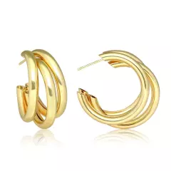 Triple Chunky Hoop 14K Gold Plated Earrings, 30mm Diameter - Versatile