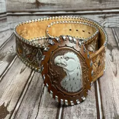 Vtg CHAMBERS Tooled Brown Leather Belt Men 36 Eagle Buckle Flowers Hand Painted