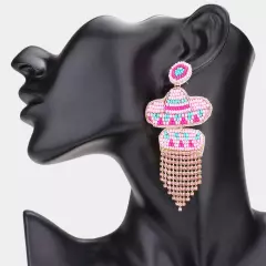 Pink Felt Back Seed Beaded Hat Rhinestone Fringe Dangle Earrings