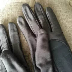 Grey leather & stretch gloves winter fleece-lined knit WARM used fits small-med