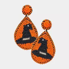 Orange Felt Back Seed Beaded Witch Hat Accented Teardrop Dangle Earrings