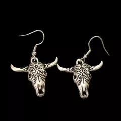 New Cowboy Boho Steer Longhorn Bull Earrings Silver-tone Pierced 2”L Laser Cut