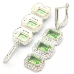 Unique Created Green Tsavorite Garnet White CZ Bride Wedding Silver Earrings