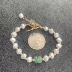 Mason & Madison Pearl Bracelet with Jade Charm Adjustable Crystals Handmade NEW