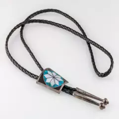 Sterling Silver Onyx, Mother of Pearl, Turquoise Bolo Tie Signed Bennett