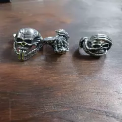 SET OF 4 SIZE 10 MENS RINGS- 3 SKULLS AND 1 DRAGON DESIGN