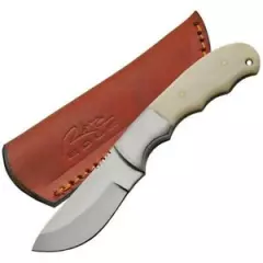 DH-8015 White Smooth Bone Handle Fixed Blade Knife Satin Skinner + Sheath