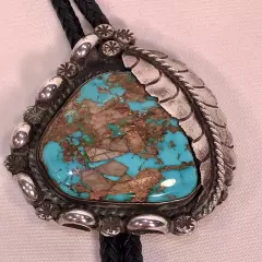 Vtg Bennett Silver Turquoise BOLO TIE w/ Leaf + Aiguillettes C-31 Pat. Pend.