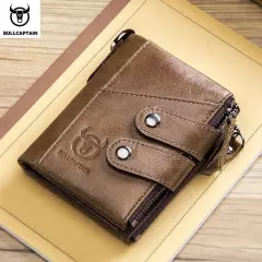 BULLCAPTAIN Men RFID Blocking Leather Card Holder Zipper Wallet Anti-theft Chain