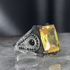 Citrine Stone 925 Sterling Silver Men's Ring Turkish Handmade Silver Men's Ring