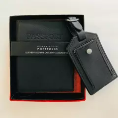 Perry Ellis Portfolio Leather Passport Case and Luggage Tag Set Black New Boxed