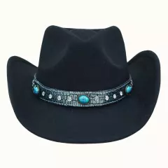 100% Wool Western Cowboy Hat with Turquoise Trim Along Brim *BLACK*