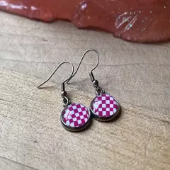 Pink Skater Punk Checkered Race Flag Dangle Earrings Jewelry Accessories