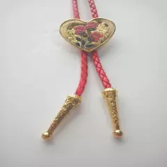 Heart Shape Bolo Tie W/Red Roses 18" 4mm Red Braided Cord W/2.04 " Gold Tips