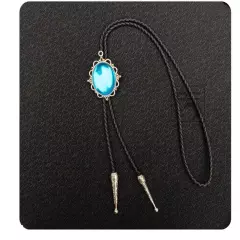 Vintage Men BOLO Tie Blue Gem Cabochon Necklace Wedding Alloy Western Cowboy