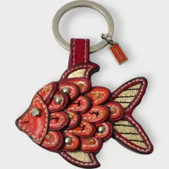 Coach Koi Fish Keychain Red Gold Leather Beaded Keyring Charm Purse Accessory