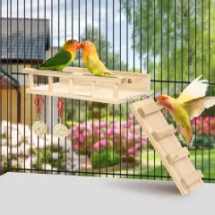 PETOGO's Wooden Bird Perch Platform Stand with Ladder and Rattan Toys - Made ...