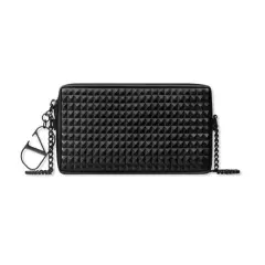 Valentino V Logo Stud Clutch Bag Phone Case Pouch Chain Shoulder Strap Black NWT