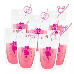 Pieces Princess Drinking Bag Pouches with Straws Reusable Pink Juice Pouches 12