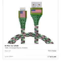 Support Our Troops 8-Pin To USB Extra Heavy Duty 10ft Charge/Sync Cable Camo