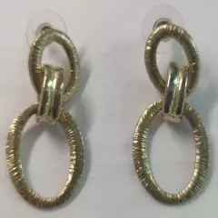 Vintage Pierced Earrings Gold Tone Textured Oval Links Drop Dangle 1.75"