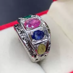 Men MultiStone Ring, Natural Ruby Emerald Blue Sapphire Peridot & Pukhraj Ring