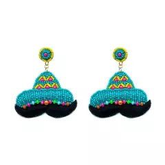 Turquoise Felt Back Seed Beaded Hat Mustache Dangle Earrings