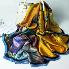 100% Silk 41" large Square Scarf Women Shawl Wrap floral yellow blue gray HD91-4