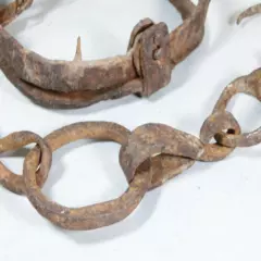 18thC Antique Hand Forged Iron Animal Trap Wrought Jaws and Chain w/ Double Hook