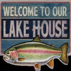 Welcome Lake House Trout Fishing Die Cut Embossed Retro Metal Sign 8 x 12 Inches