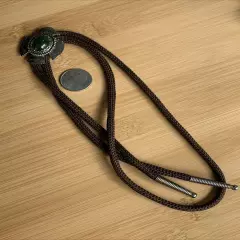 Vintage Native American Green Chalcedony Stone Thunderbird Bolo Tie Brown Cord