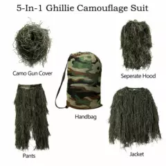 Ghillie Suit Sevral Camo Woodland Jungle Hidden Forest Hunting 3D 4-Piece + Bag