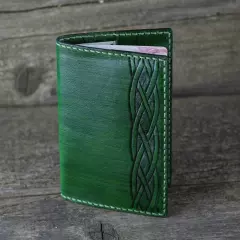 Leather passport cover with Celtic knot, Viking accessories, green id holder.