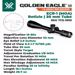 Vortex Optics Golden Eagle HD 15-60x52 ECR-1 Riflescope w/ Mount and Hat Bundle