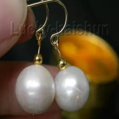 natural Dangle 11mm round white pearls Earring 14K solid gold hook j8561