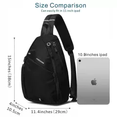 Black Sports Men 1 Sling Backpack Breathable Lightweight Chest Bag Leather Sh...