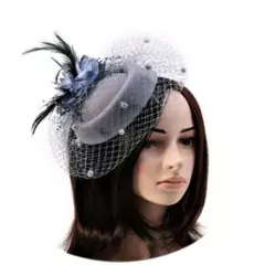 Fascinator Hat Flower Mesh Face Veil Feather Hair Clip for Women Tea 6 3/4 Grey