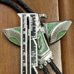 Silver Plated Green Enamel Thunderbird Southwestern Bolo Tie