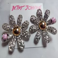 NWT Betsey Johnson Silver with Gemstones and Pink Ladybugs Earrings "Big"