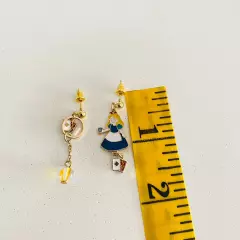 Alice In Wonderland Dangle Asymmetric Earrings Gold Tone, Playing Cards Drink Me