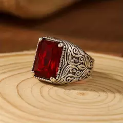 Red Zircon Men's Ring Retro Style Silver Color Pattern Wedding Band Jewelry Gift