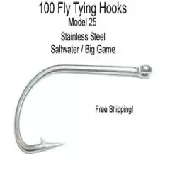 100 Fly Tying Hooks Stainless Steel Saltwater - Pick Size - Model 25