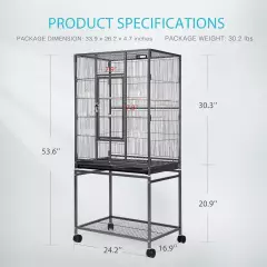 54 Inch Wrought Iron Large Bird Flight Cage with Rolling Stand for Parakeets