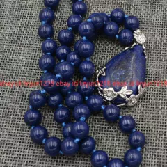 Natural Blue Egyptian Lapis Lazuli Gemstone Round Beads Drop Pendant Necklace